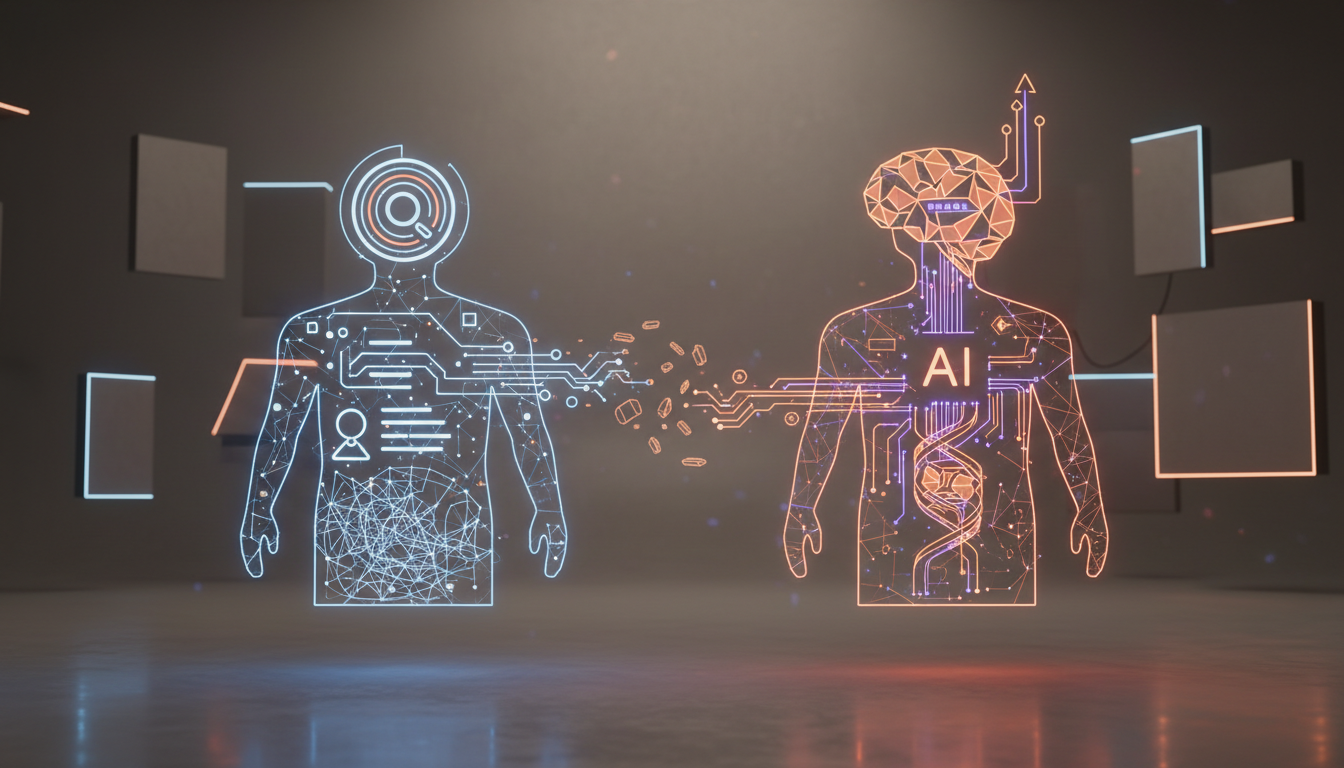 Abstract Concept, What's the Difference Between Google Search and AI, in a Photography Studio setting, from Contemporary/Modern, Floating, Vector Art style, inspired by Cyberpunk, Conceptual genre, with Neon Glow, Straight On, Medium Close-Up, Golden Ratio composition, focused on Silhouette, Neutral (Grays, Browns, Beiges) color palette, Energetic mood