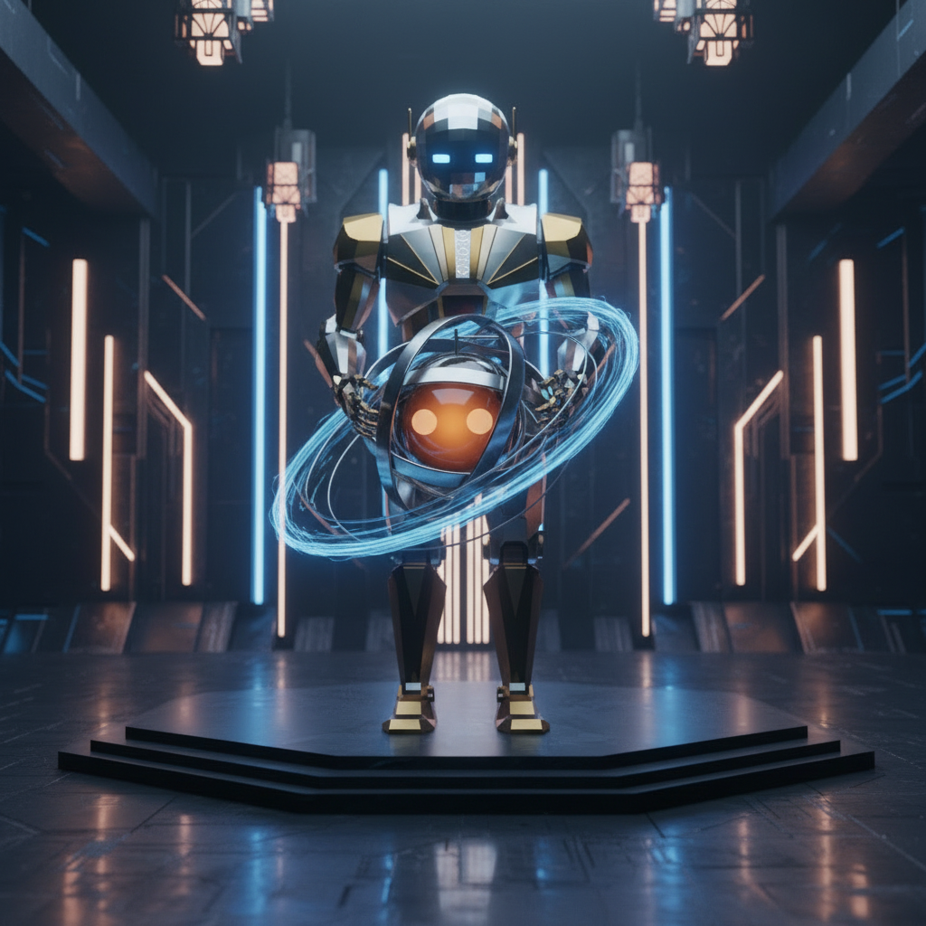 Object, Ai robot holding an orb. The orb is a Reddit logo., in a Photography Studio setting, Low Poly style, inspired by Art Deco