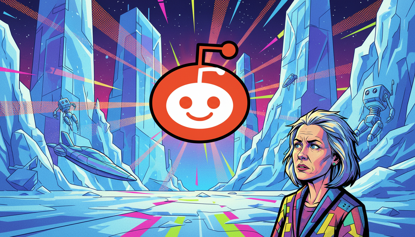 Person, Middle Aged (36-55), Female, Caucasian, confused women, looking at a a reddit logo, from Far Future (2100+), Frozen Action, Pop Art style, Epic/Grand mood