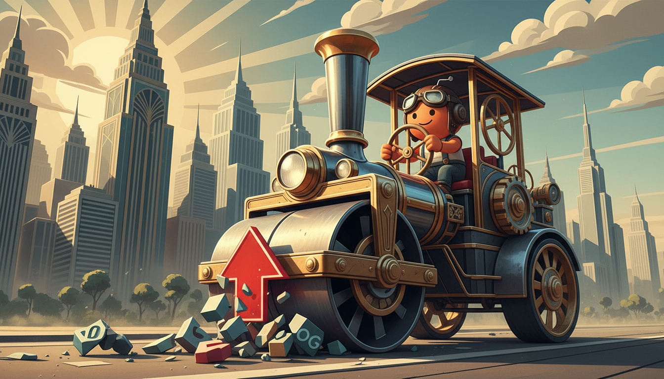 Object, A reddit logo driving a steam-roller and to dominate inferior brands, Photorealistic style, inspired by Art Deco