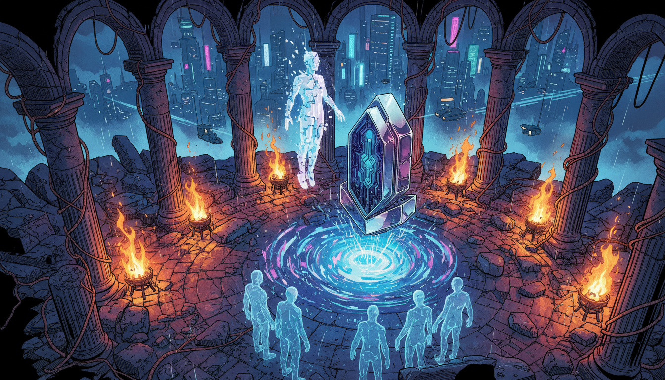 Object, If You’re Not Visible in AI Results, You’re Invisible to the Next Generation of Customers, in a Ancient Ruins setting, Comic Book style, inspired by Cyberpunk, with Firelight, High Angle, Medium Close-Up