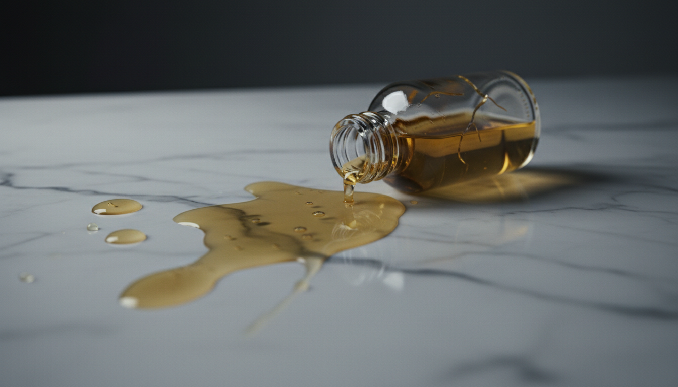 AI-generated (hyperrealistic): Object, a spilled over glass bottle of bakuchiol oil on a white marble table, in a Photography Studi...