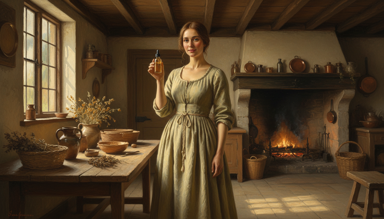 Person, lady holding a small bottle of bakuchiol serum, in a Rustic Kitchen setting, featuring realism, Vermeer style, peaceful, clear weather, rustic ambiance, oil painting, smooth texture, earth tones, warm tone, Realistic style, Eye Level, Full Body, S-Curve composition, focused on 50mm (Standard)