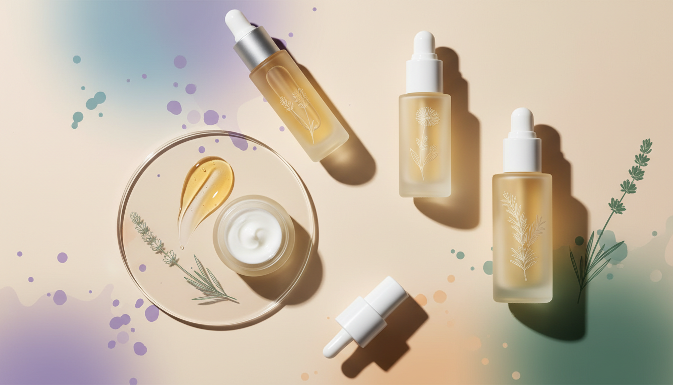 Object, Gentle Plant-Based Antioxidant Power for Sensitive and Aging Skin Modern minimal skincare aesthetic with abstract visual elements instead of people. Bone background #FCF9FC or cream beige #F4E9D8 with bright accents from the Valentia palette: soft purple #7E63A4, sea blue #73C8DF, warm peach #F8B195, deep green #2F5E45, lavender blush #EDD8E8, clear sky #B7E8F5, soft coral #FAD1C8, and light moss #B0CDB9. Expressive colour splashes and gradients applied sparingly. Fine botanical line drawings (lavender, calendula, rosemary) integrated subtly. Clean product still life with glass bottles or jars, soft diffused lighting, crisp contrast, premium feel, textures of serum or cream strokes, botanical shadows, abstract compositions, high-end editorial style, 70% white space. Avoid people, models, hands, beauty influencers, vintage effects, clutter, pastel washes, overly desaturated colours, Realistic style, Golden Ratio composition