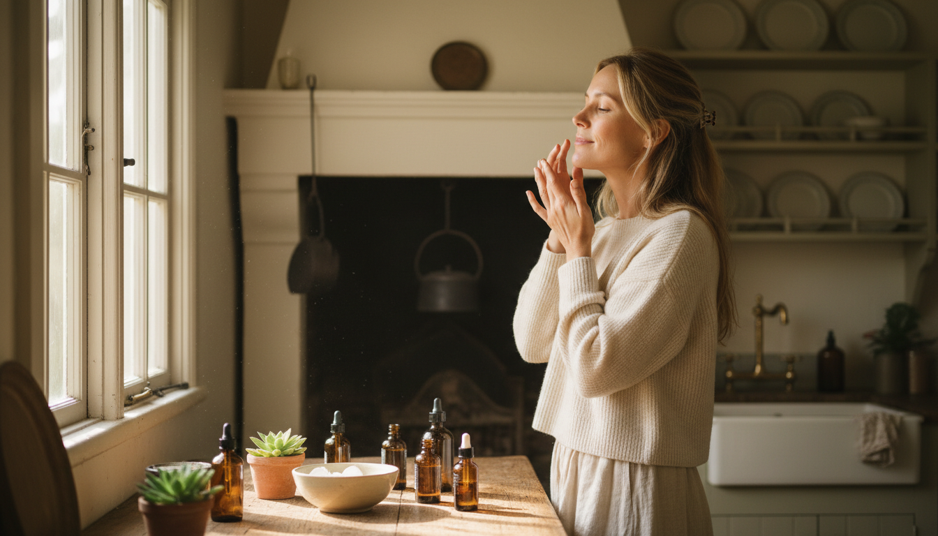 Person, lady applying skincare routine in the morning light. Rustic style but bright and airy, in a Rustic Kitchen setting, Realistic style, Rule of Thirds composition, focused on _empty_