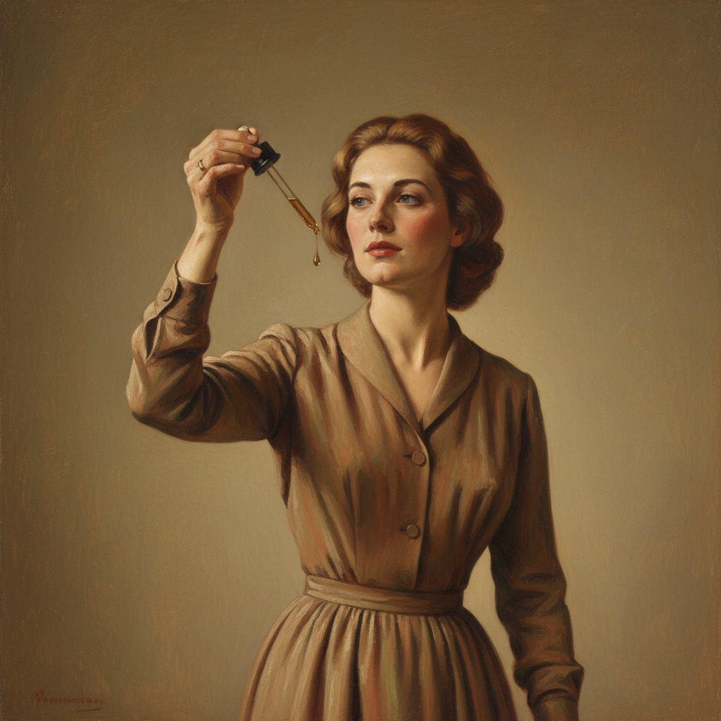 Object, lady holding a dropper up to her face with oil dropping onto her face, in a _empty_ setting, from 1950s - Mid-Century, Oil Painting style, inspired by Leonardo da Vinci, Portrait genre, Earth Tones color palette