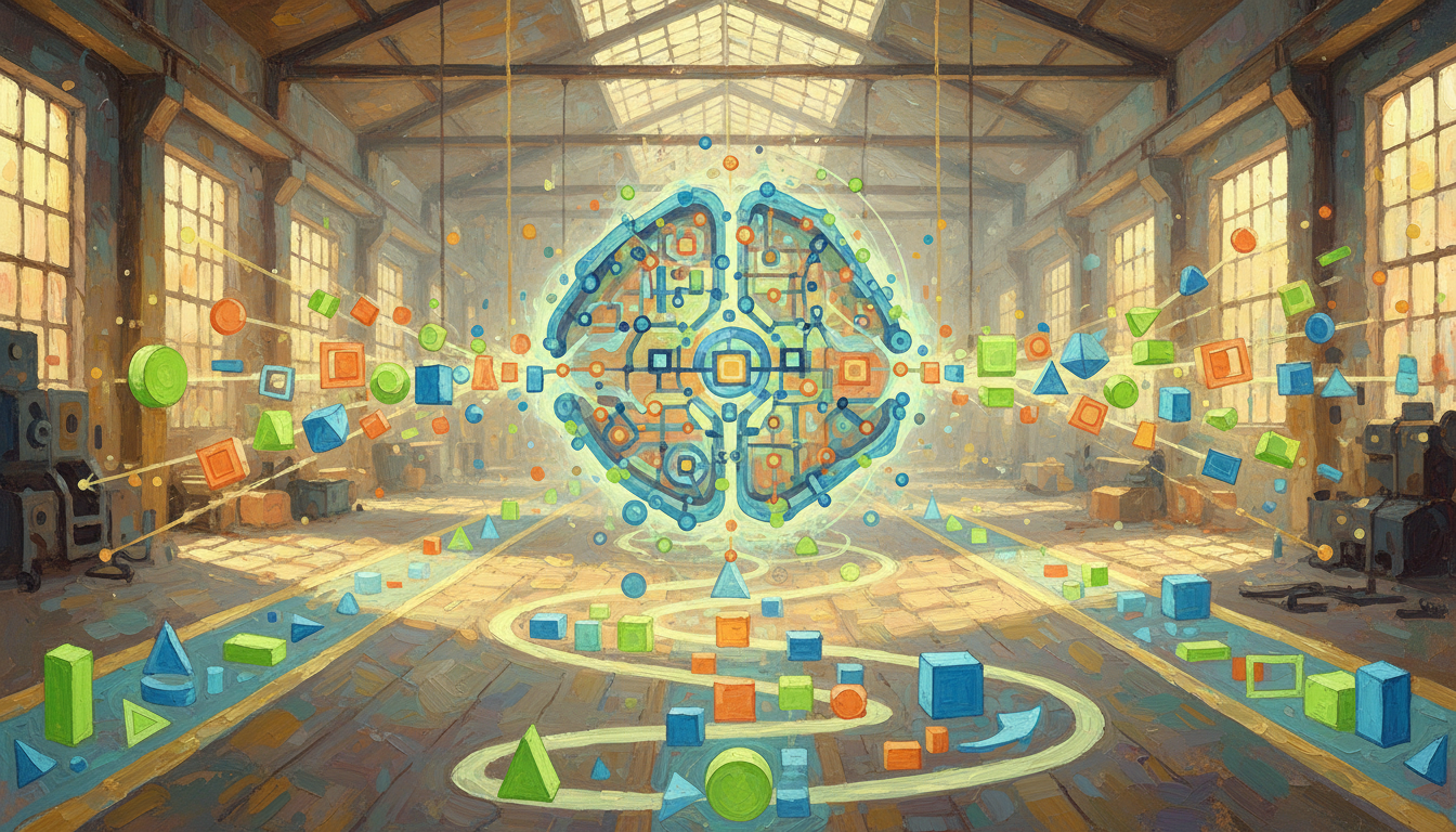 Object, Create a clear, friendly editorial illustration for an article titled “How Do You Explain AI to Beginners? A Simple Guide to Artificial Intelligence.” The image should visually explain the idea of artificial intelligence in a simple, approachable way - focusing on understanding, learning, and clarity rather than advanced technology or automation. Show an abstract concept of AI as an organized system that learns from examples: simple shapes, symbols, or blocks flowing into a central “thinking” structure, then producing understandable outcomes. The visual should feel like learning made visible. Style should be minimal, modern, and educational - flat or softly layered illustration, not photorealistic. Avoid complexity, intimidation, or technical overload. Use visual metaphors such as: Connected blocks or nodes forming a simple pattern Inputs becoming outputs Light paths or lines showing learning or understanding Gentle structure and order Color palette: Soft neutral background (off-white, light grey, or warm beige) Calm accent colors (muted blue, soft green, or subtle teal) Low contrast, friendly, and readable Composition: Landscape (16:9) Clear central concept with generous negative space Designed to feel welcoming to non-technical readers Suitable for a blog hero image Mood: Friendly Calm Curious Reassuring “You don’t need to be technical to understand this” Avoid: Robots, faces, or humanoid AI Chat bubbles or chatbot UIs Complex diagrams or equations Dark, aggressive, or futuristic cyber aesthetics Emojis, text overlays, or platform logos, in a Warehouse/Industrial setting, Impasto style, inspired by Gustav Klimt, with Golden Hour, Over the Shoulder, Medium Close-Up, Neon color palette